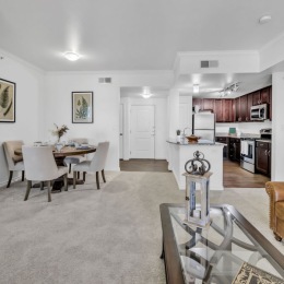 Looking for an apartment on the first floor? Good news! We had a rare opening in a two and three bedroom floorplan! Call 817-391-7044 before it's gone! Model kitchen at Aviva Fort Worth Apartments in Fort Worth, Texas, featuring wood grain floor paneling.